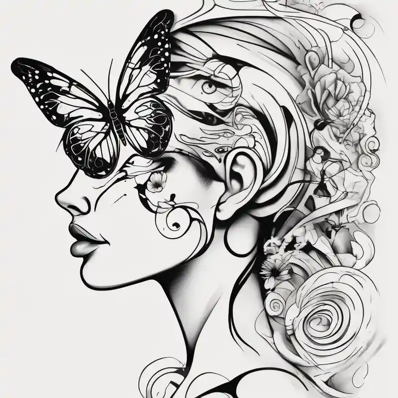 a butterfly half side with womans face half sleeve tattoos for men – Caricatura, Blanco y negro